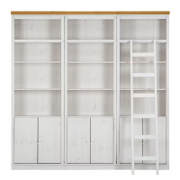 Kit três estantes Biblioteca com portas e escada, acabamento na cor branco lavado com mel | coleção biblioteca